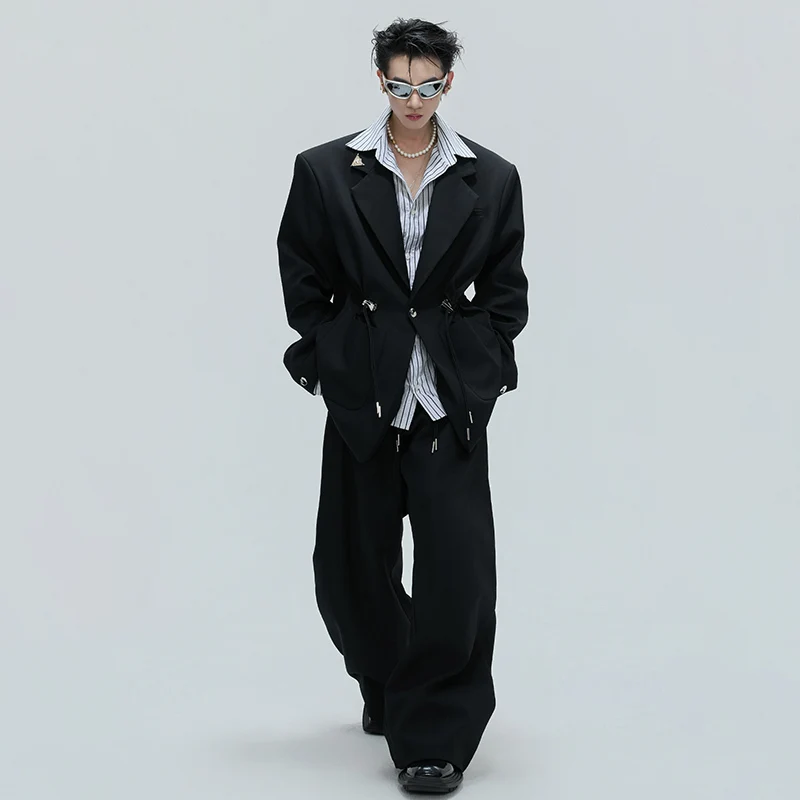 LUZHEN Fashion Drawstring Tie Up Waist Design Original Personalized Blazer Coat Men Solid Color 2025 New Casual Trousers JY4825