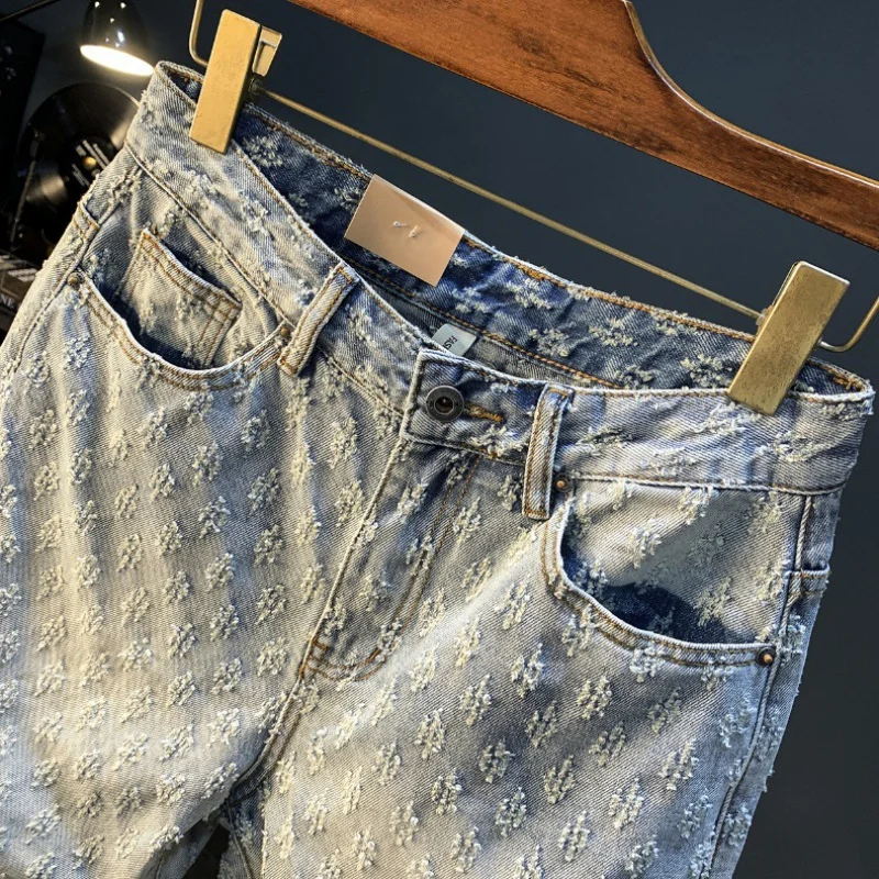 Scratch Denim Shorts Men's Summer Thin Straight Fashion Korean Style TrendsinsStreet Washed-out Vintage Casual Cropped Pants