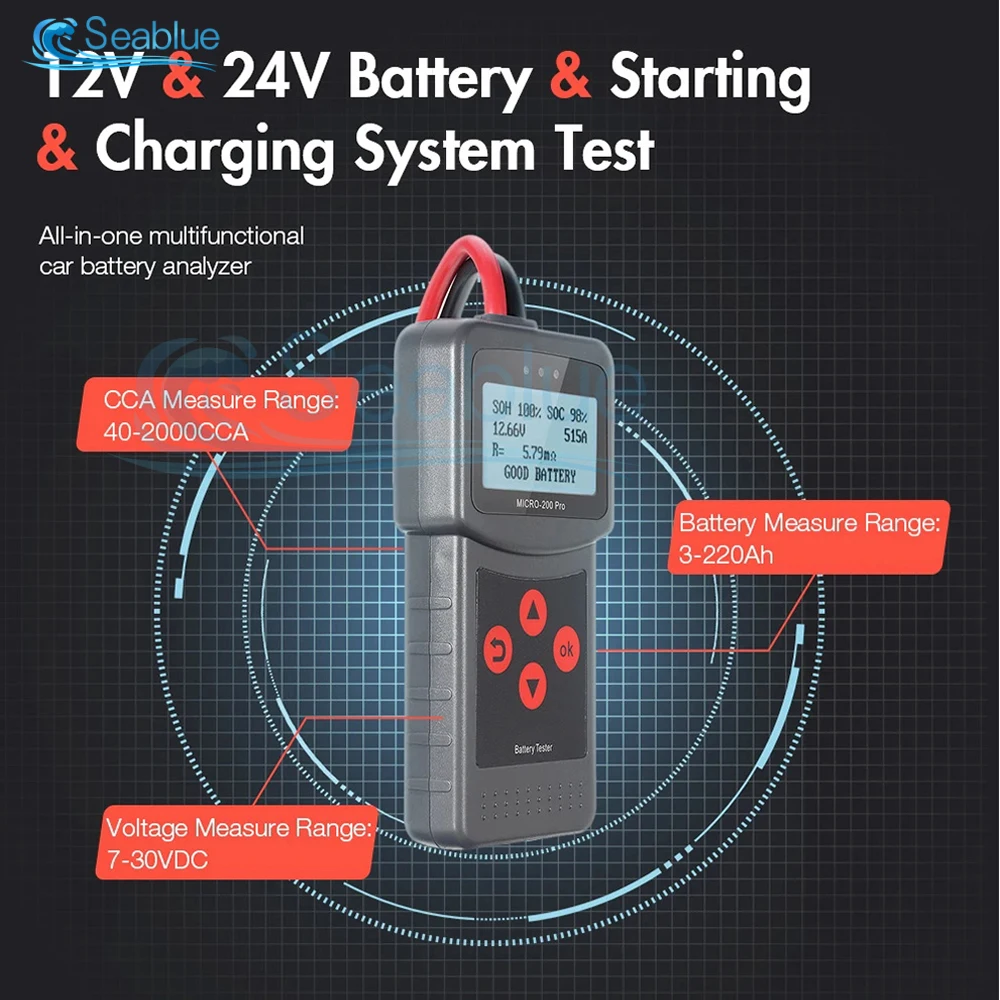 Micro-200 Pro Car Motorcycle Battery Tester 12/24V Multi-Language Digital Battery System Analyzer Motorcycle Car Diagnostic Tool