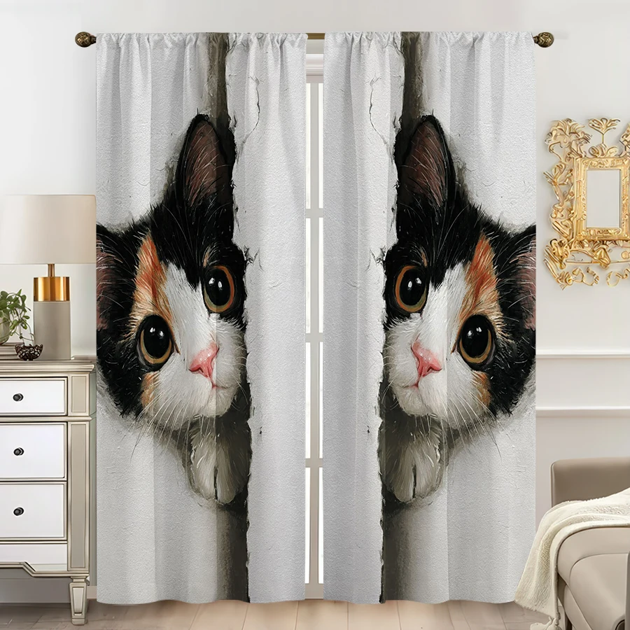 2 Stück mehrfarbige, niedliche Vorhänge mit Calico-Katzenmuster, Stangendesign für Schlafzimmer und Wohnzimmer