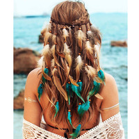 Gypsy Indian Headdress Bohemian Vintage Blue Feather Tassel Headband Adjustable Hair Accessories For Women Vacation Jewelry