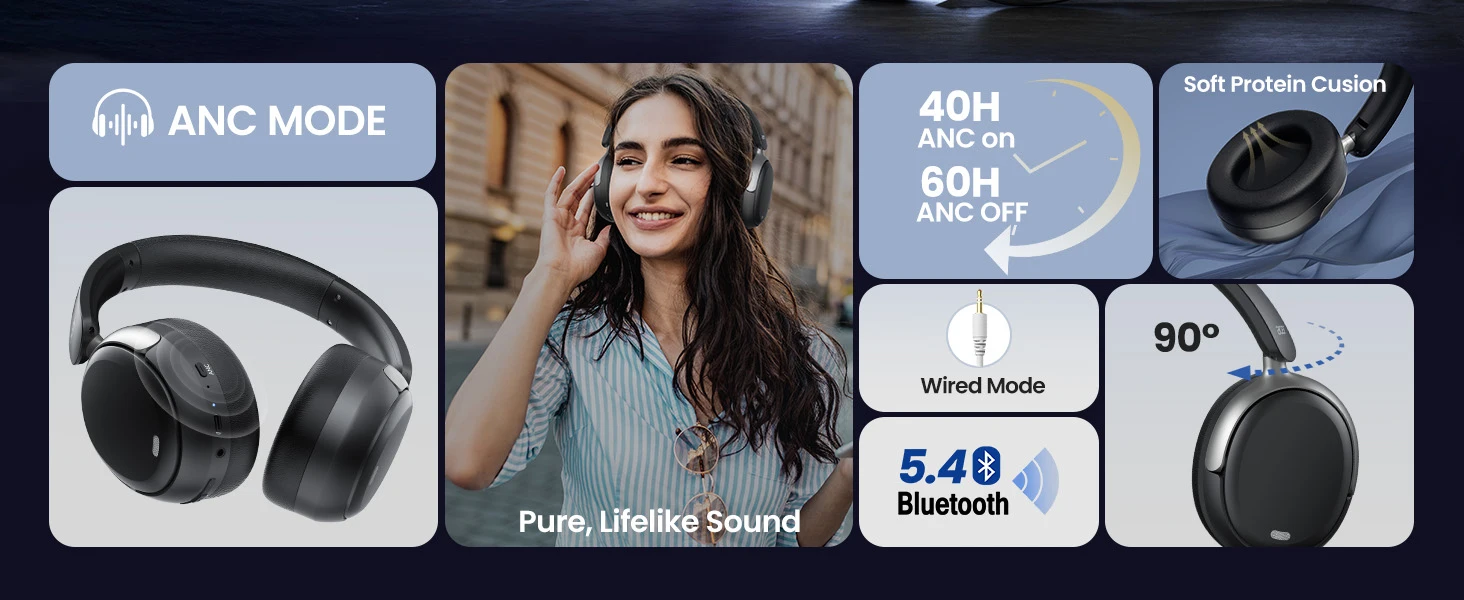 Acer OHR516 ANC Kabelloser Kopfhörer mit Geräuschunterdrückung, hochauflösender räumlicher Audio-Kopfhörer, Bluetooth-Over-Ear-Headset, 40 mm dynamischer Treiber – Detail 2