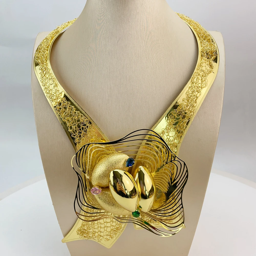 مجموعة مجوهرات برازيلية مطلية بالذهب من إيما للنساء، قلادة على شكل زهرة جريئة أفريقية، أقراط، سوار، خاتم، هدايا مجوهرات الزفاف