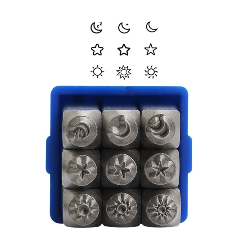 9 Pieces Celestials Designs Sturdy Steel Metal Stamps Set for Custom Jewelry Crafting and Personalizing Soft Metals