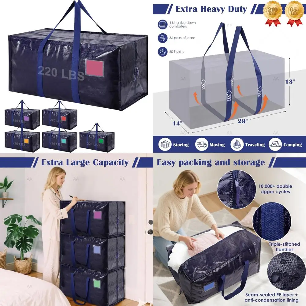 Sacos móveis extra grandes e resistentes com zíper reforçado, alças largas e cubos de armazenamento resistentes à umidade
