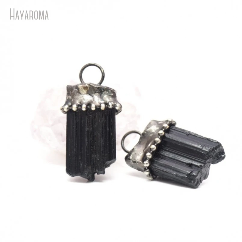 10Pcs Antique Silver Color Black Tourmaline Vintage Handmade Raw Ore Jewelry Soldered Free Form Nugget Pendant PM40812