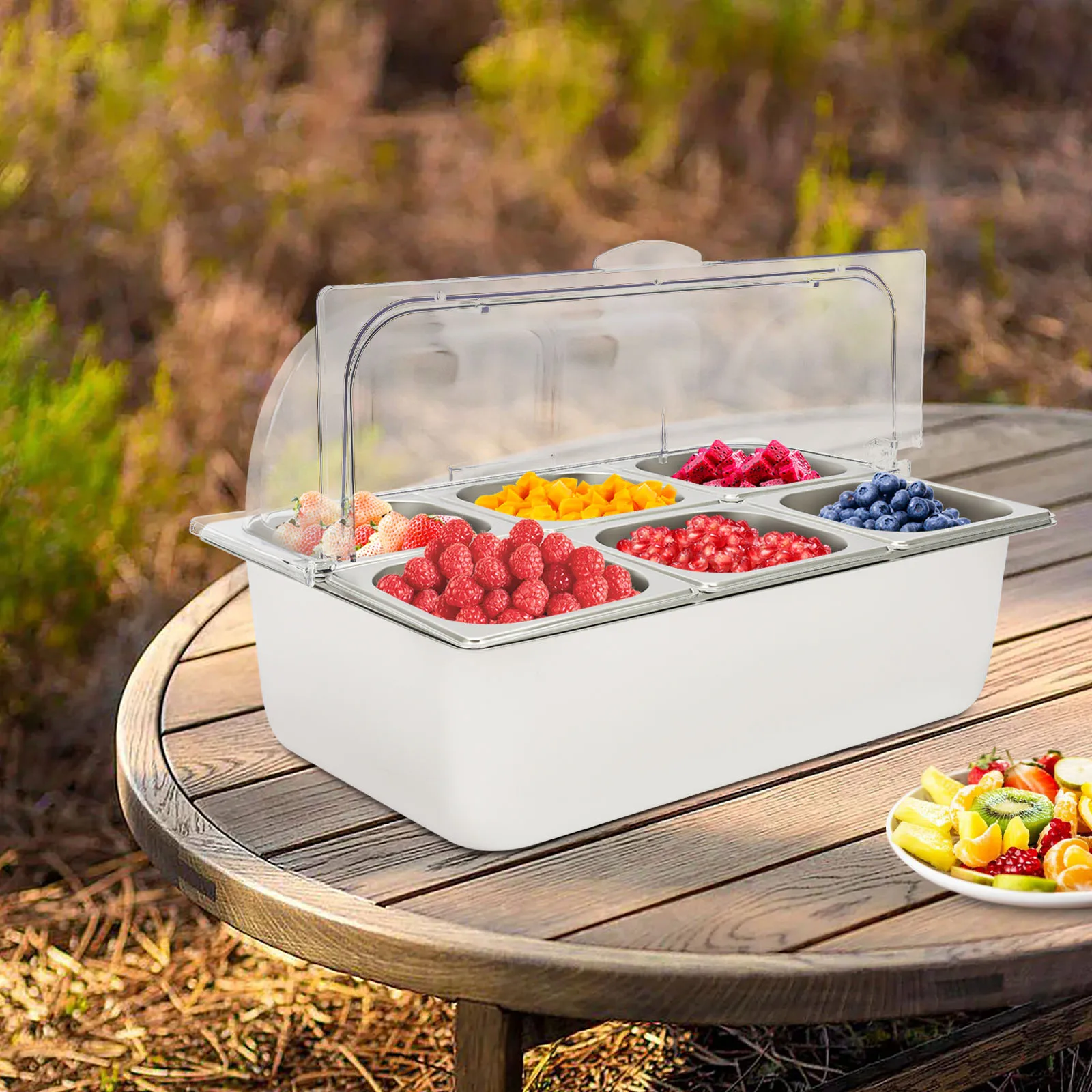 

7*6.4*4 Inch Ice Food Serving Display Tray with Clear Roll Top Cover Buffet for Buffets, Restaurants, Hotels, Family Gatherings