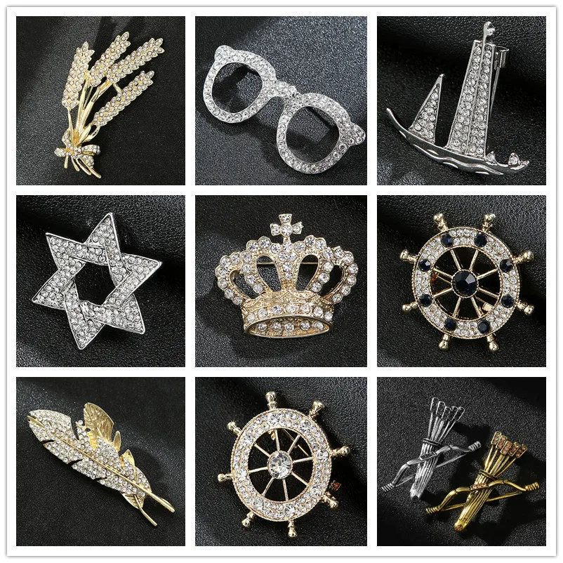 

Personalized and fashionable men's suit crown pin accessories, trendy full diamond cartoon sail rudder eagle brooch