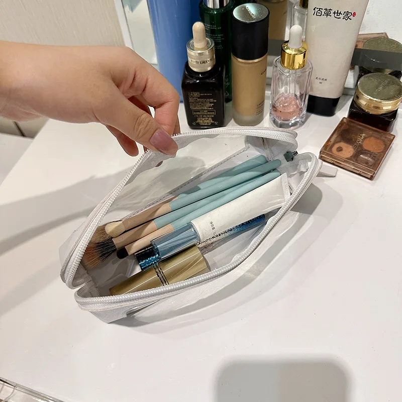 New Handheld Makeup Bag PU Splicing Design Long Style Eyebrow Pen Bag Lipstick Makeup Brush Storage Bag Portable Pen Bag