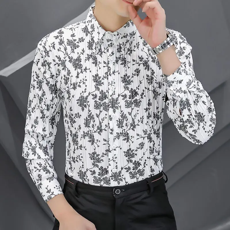 High Quality Men’s Spring&Autumn Fashion Korea Version Long Sleeve Flowers Printing Casual Shirts Slim-fit All Match Shirt;