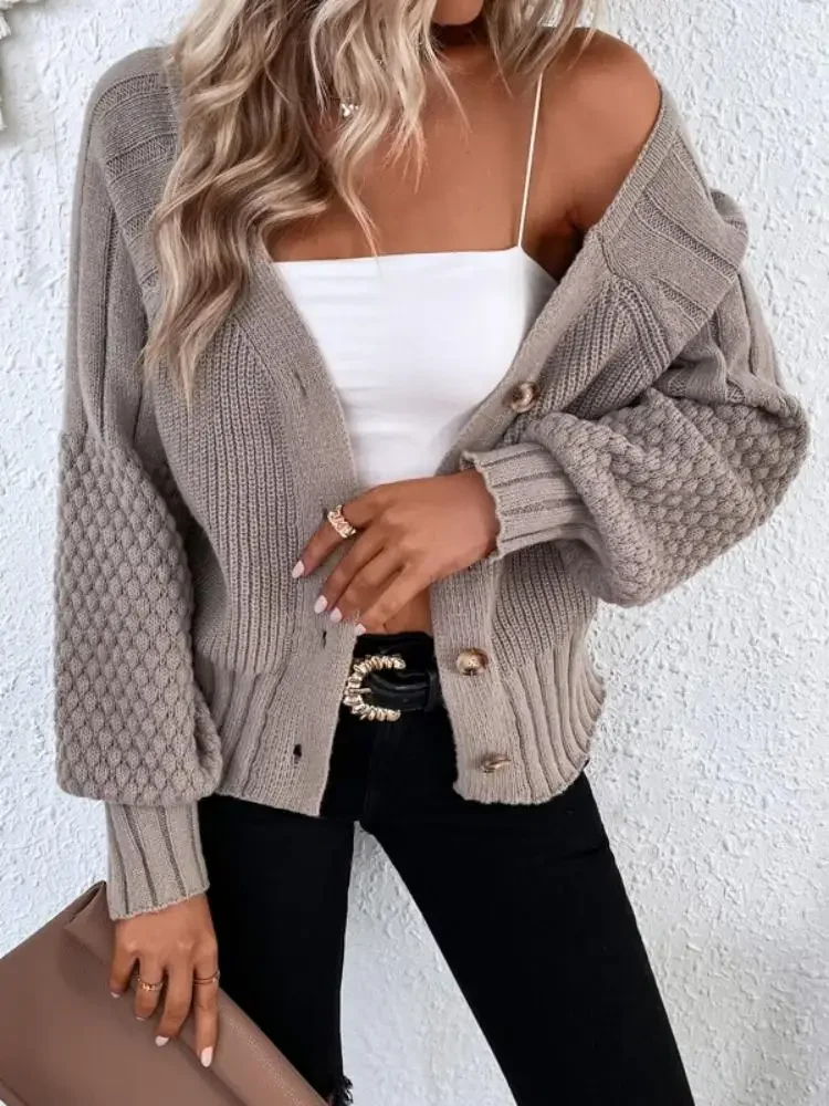 Women's autumn and winter V-neck solid color long sleeve cardigan texture knit cardigan button sweater coat