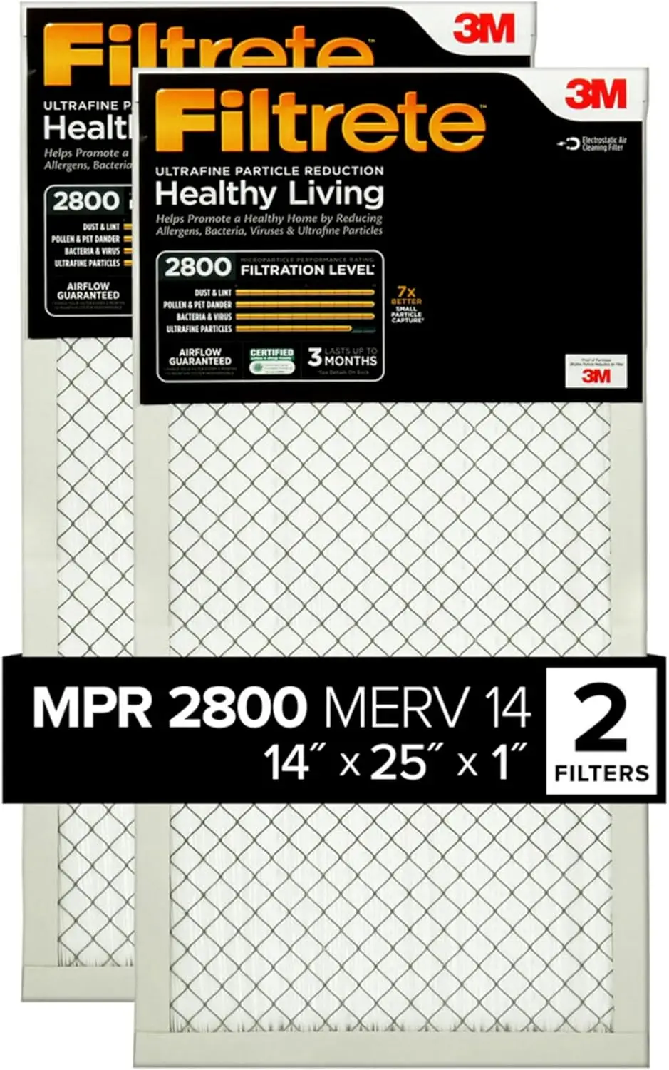 

14x25x1 MERV 14 Air Filter, 2-Pack, 3-Month Pleated, Traps Allergens & Ultrafine Particles, HVAC Furnace