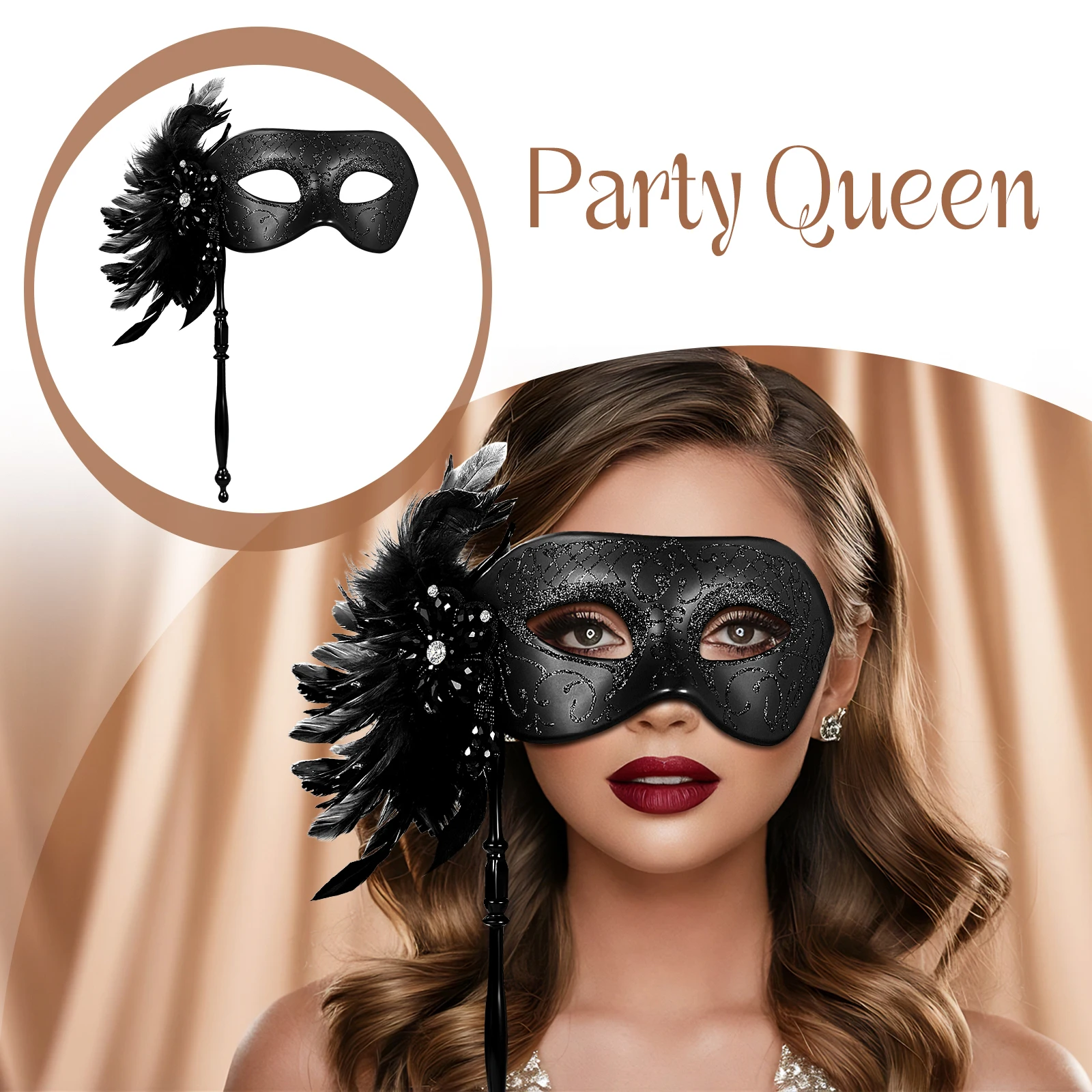 Feathered Masquerade Mask with Handle for Women Venice Halloween Costume Accessory Black Carnival Party Dance Event Mask