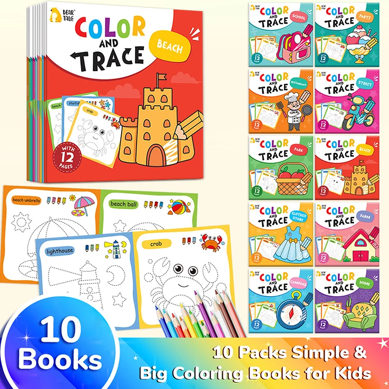 10 Book Set, Children's Coloring Book To Enhance Cognitive Thinking, Including 10 Cartoon Themes For Boys And Girls