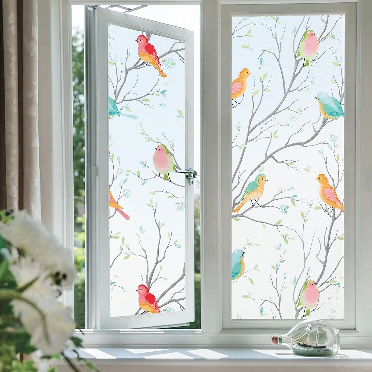 Colorful Bird Frosted Window Privacy Film Static Cling No Glue Decorative Glass Sticker, UV Block Tint for home decor items