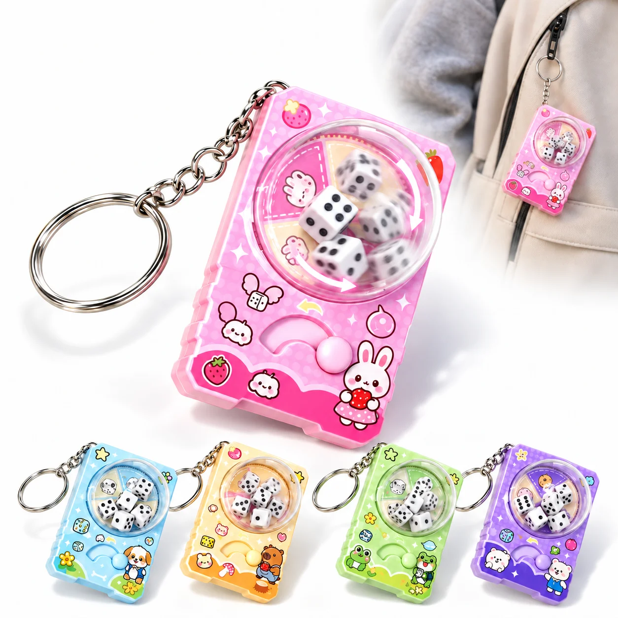 Rotating Dice Fidget Keychain Mini Dice Spinner Stress Relief Key Ring Bag Pendant Portable Pocket Gadget