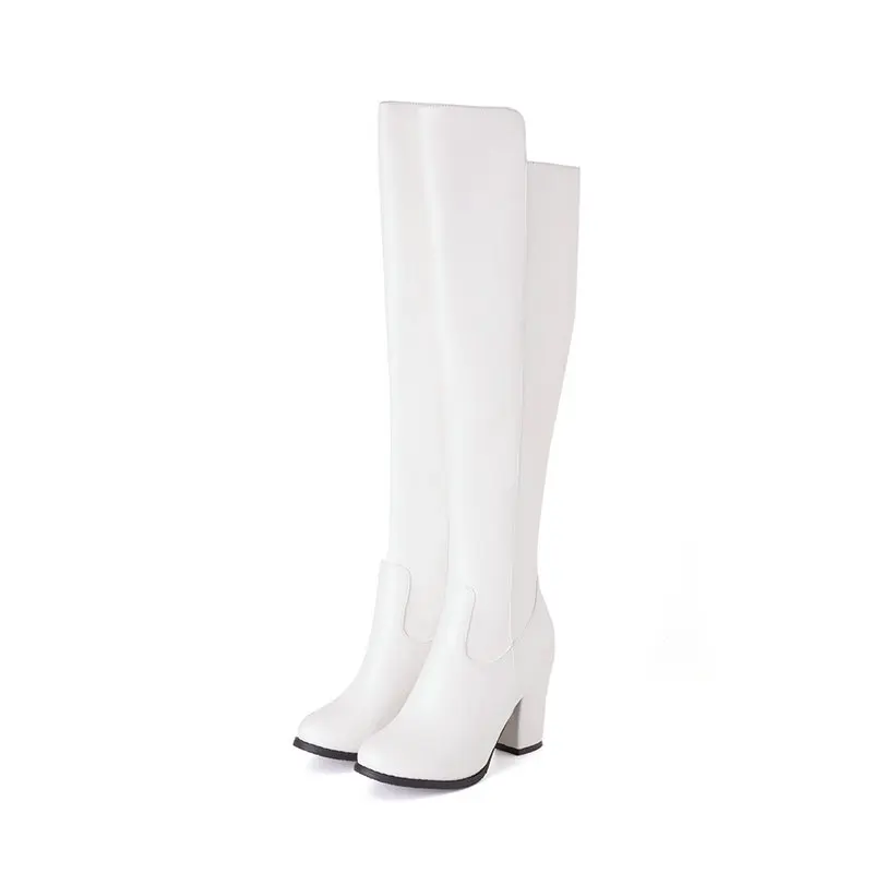 Extra Plus Size 50 51  52 Round Toe Block High Heels Wide Calf Cowboy Knee-high Women Western Boots Winter Navy Red Warm Shoes