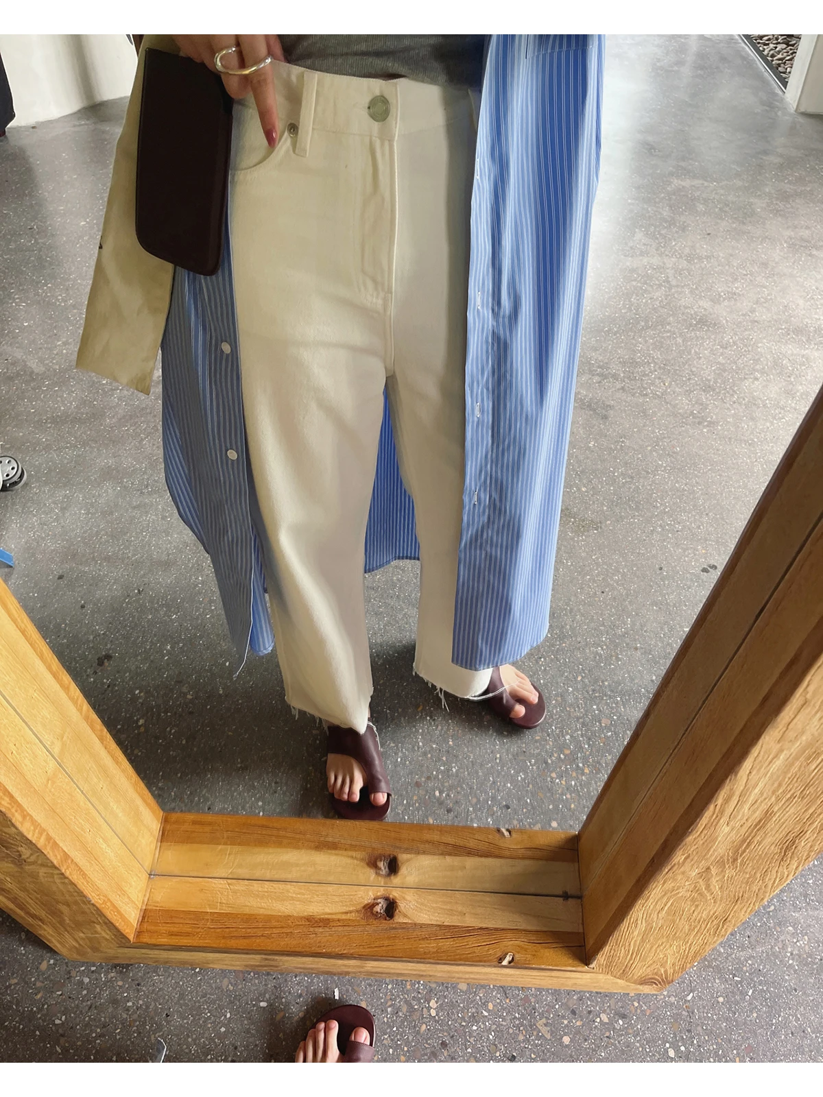 

Новые джинсы Hanmailiang прямого кроя с рваным краем, тонкие, светлые, стандартной длины (18 дюймов)