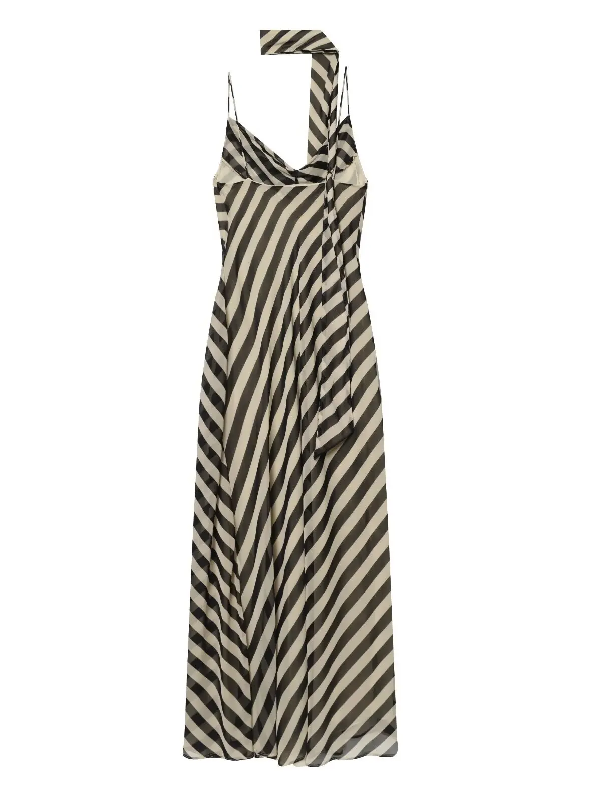 Romantic Vintage Striped Sash Neck Decorated Slim Fit Long Dress Women's Summer Casual A-Line Skirt High Waist Print Dress
