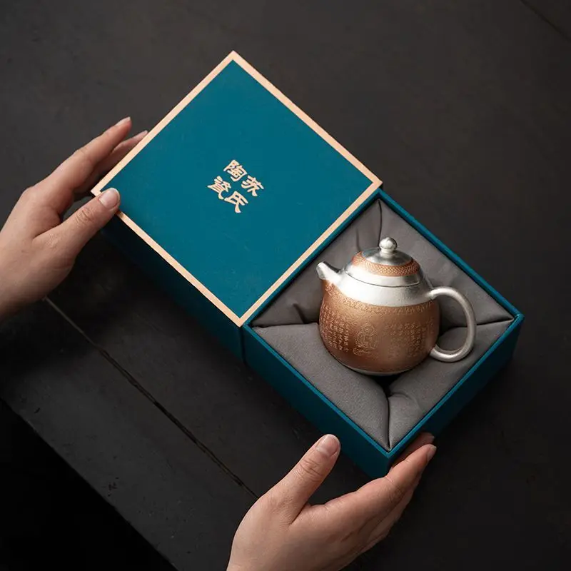 Su's Ceramics Jade Porcelain With Silver Inlay And Copper Accents Dragon Egg Buddhist Sutra Teapot Kung Fu Tea Set Work By