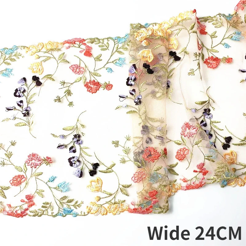 

17CM/24CM Wide Colorful Tulle Voile Lace Fabric Embroidery 3d Flowers Fringed Ribbon Wedding Dress Veil DIY Sewing Guipure Decor