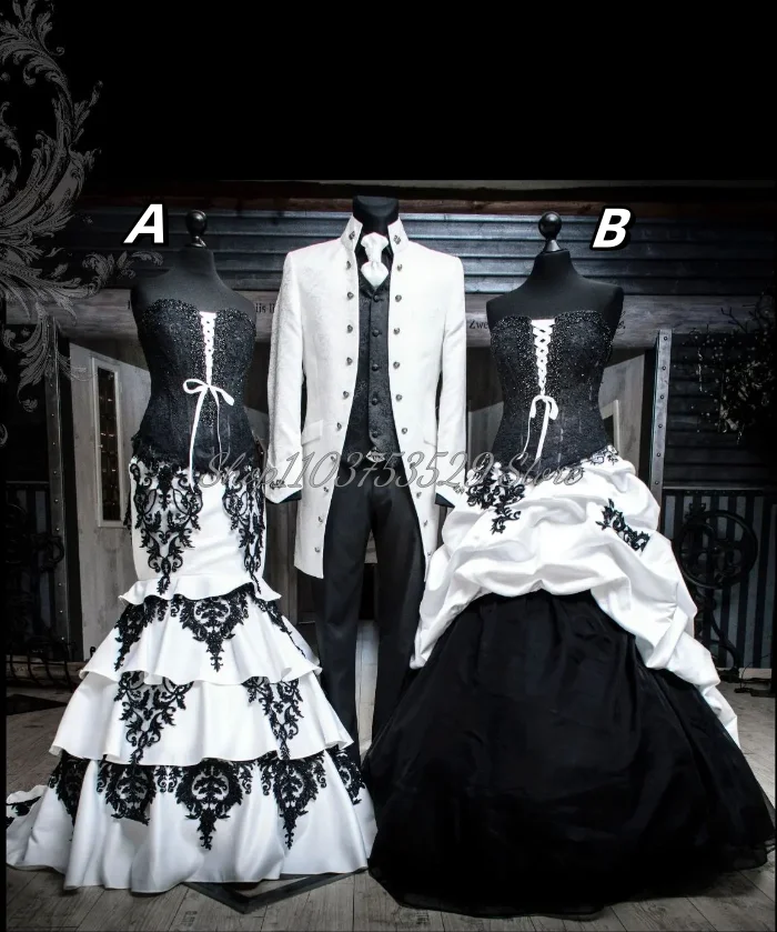 Classic Black White Gothic Sheath Wedding Medieval Laced Victorian Tier Column Pleated Applique Luxury Princess Bloodsucking