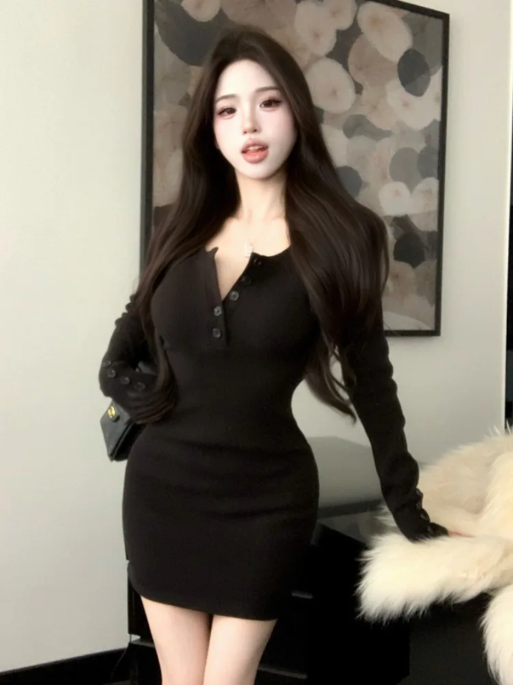 

Sexy Spicy Girl Long Sleeve round Neck Dress Women's Autumn Winter Slimming Short Skirt Waist Cinched Bodycon Dress Korean Style