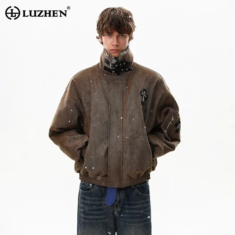 

LUZHEN 2025, зимнее новое модное высококачественное стеганое пальто с воротником из искусственного меха, мужская оригинальная теплая однотонная повседневная куртка-парка JY5403