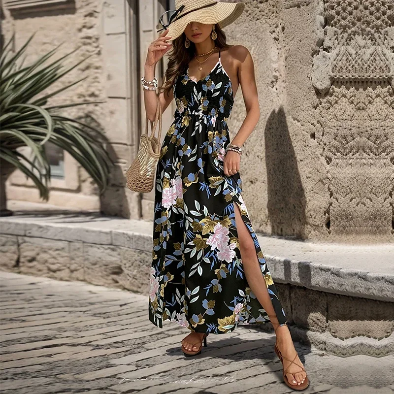 Conciso mujeres verano Casual Boho vestido veraniego Spaghetti Strap espalda descubierta frente dividido hueco cuello en V con cordones vestidos Midi fluidos moda