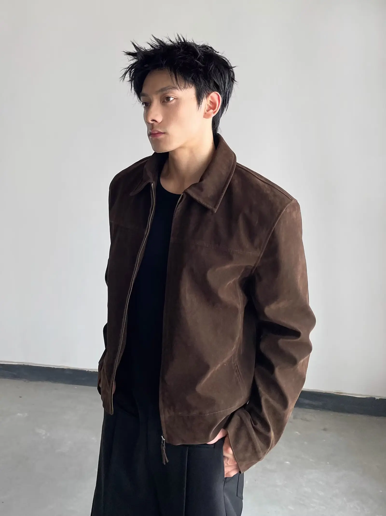 

Повседневная куртка с воротником, мужская весенне-осенняя свободная универсальная верхняя куртка, замшевая версия с правильным воротником, модная ветровка