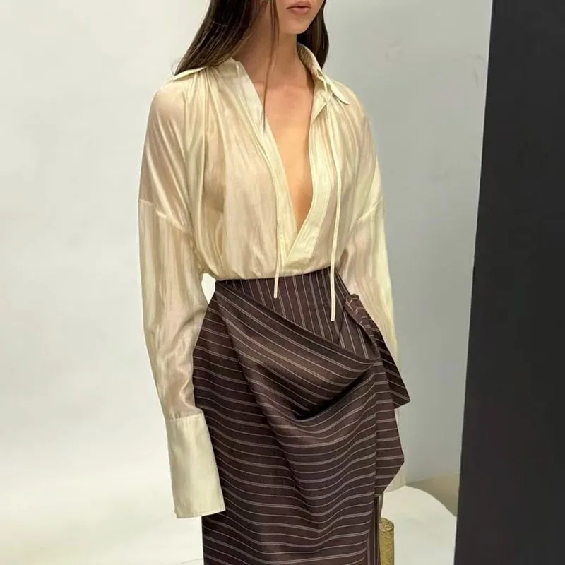 

Spring 2026 New Style - Elegant Collar Ruffled Tie-Back Shirt for Women - Sophisticated Loose Long-Sleeved Business Shirt