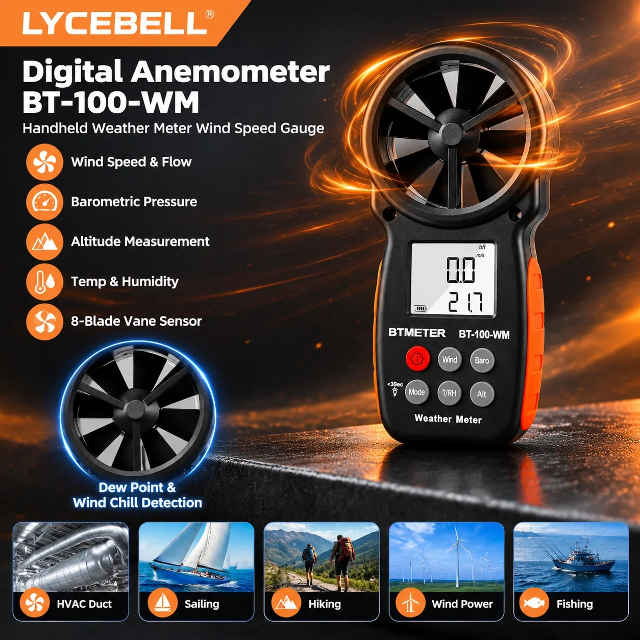 BTMETER 100-WM Weather Meter 8-Vane Anemometer 0.3-30m/s Barometer Altimeter Humidity MAX/MIN/AVG Backlight