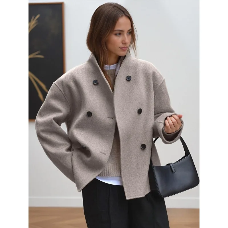 

Tinaa Vintage Brown Tweed Jackets Coats for Women 2025 Winter Stand Collar Double Breasted Long Sleeve Texture Outerwear