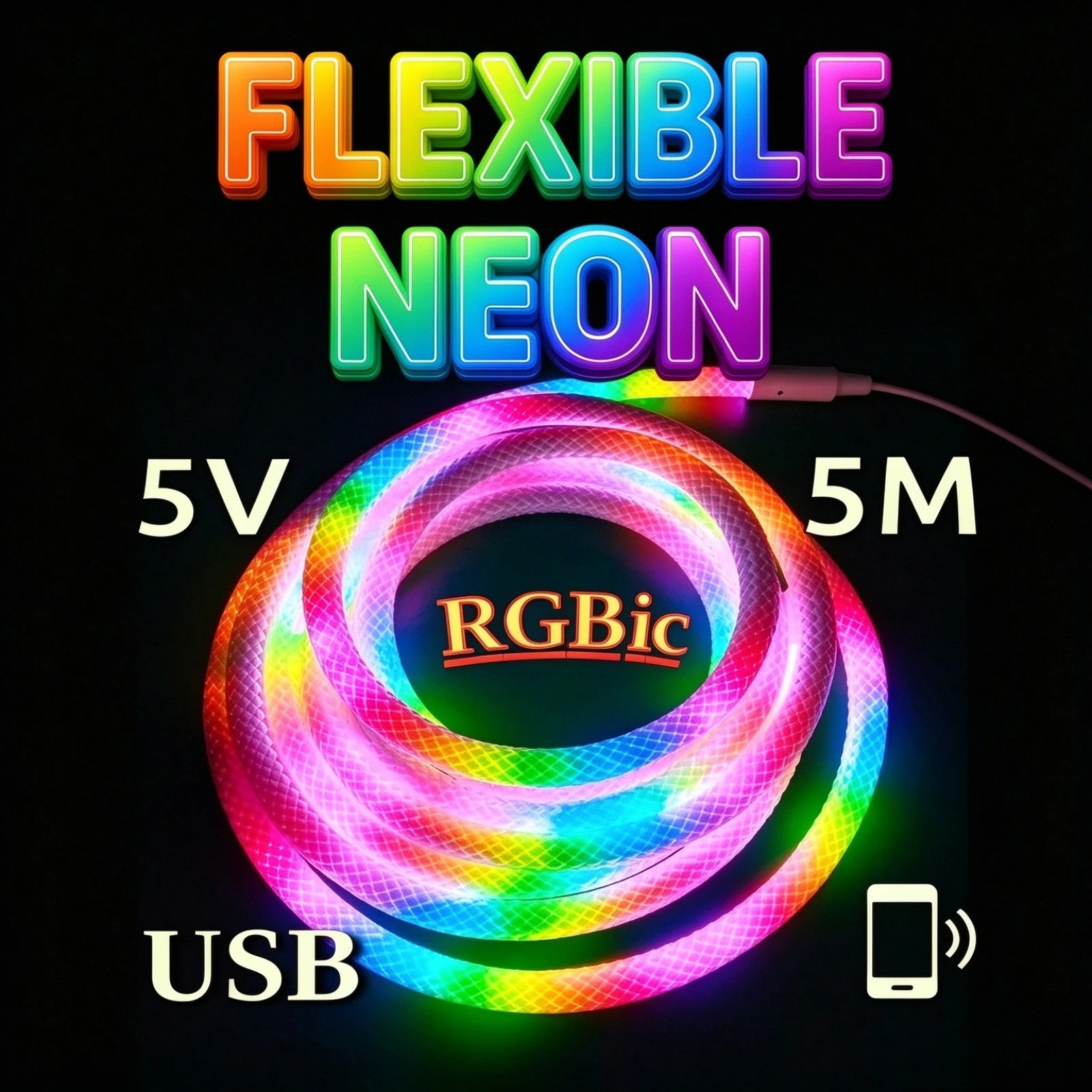 USB 5V Neon LED Strip, RGB IC 360 Round Reticulated Remote Dimmable, for Home Living Room Bedroom TV Party Bar Wall Decor