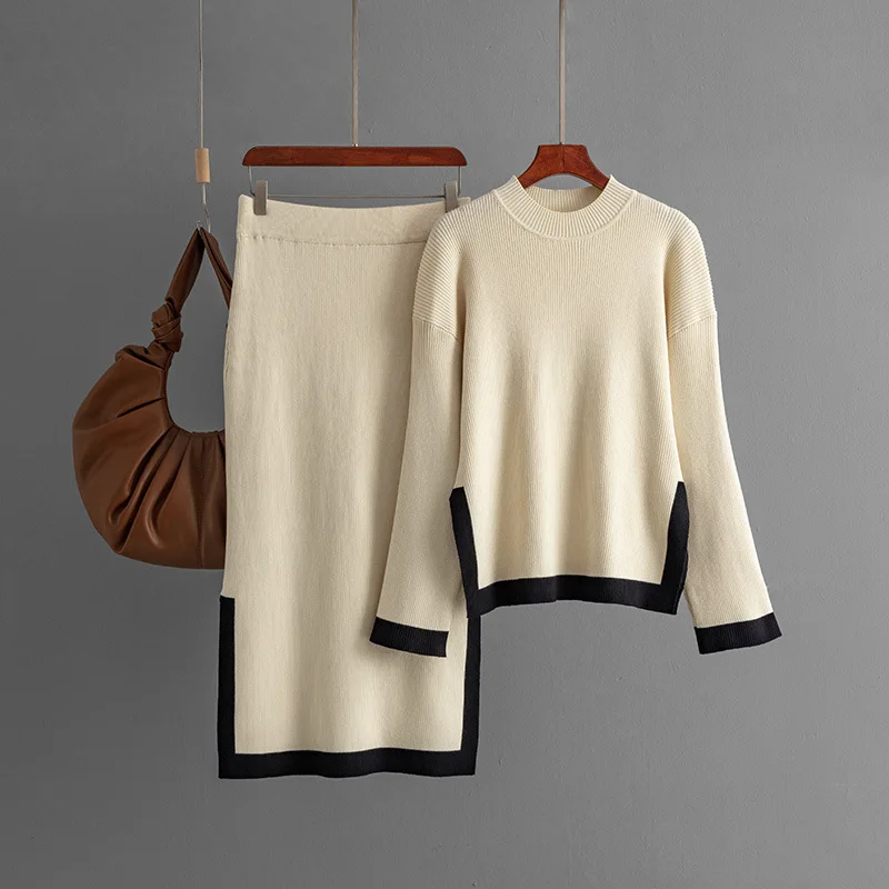 Conjuntos elegantes de dos piezas para mujer, faldas de punto, traje de otoño para mujer, nuevo diseño de moda, suéter con cuello redondo en contraste, Tops, falda dividida