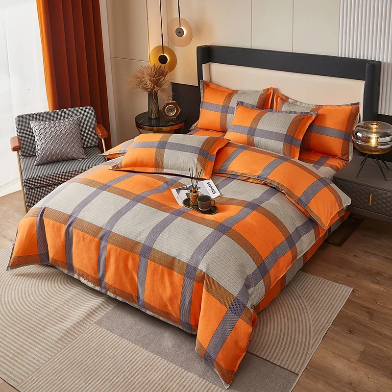 Light Luxury Plaid Pattern Duvet Cover Set Geometric Printed Queen/King Size Bedding Set Soft Skin-friendly Zipper Quilt Cover