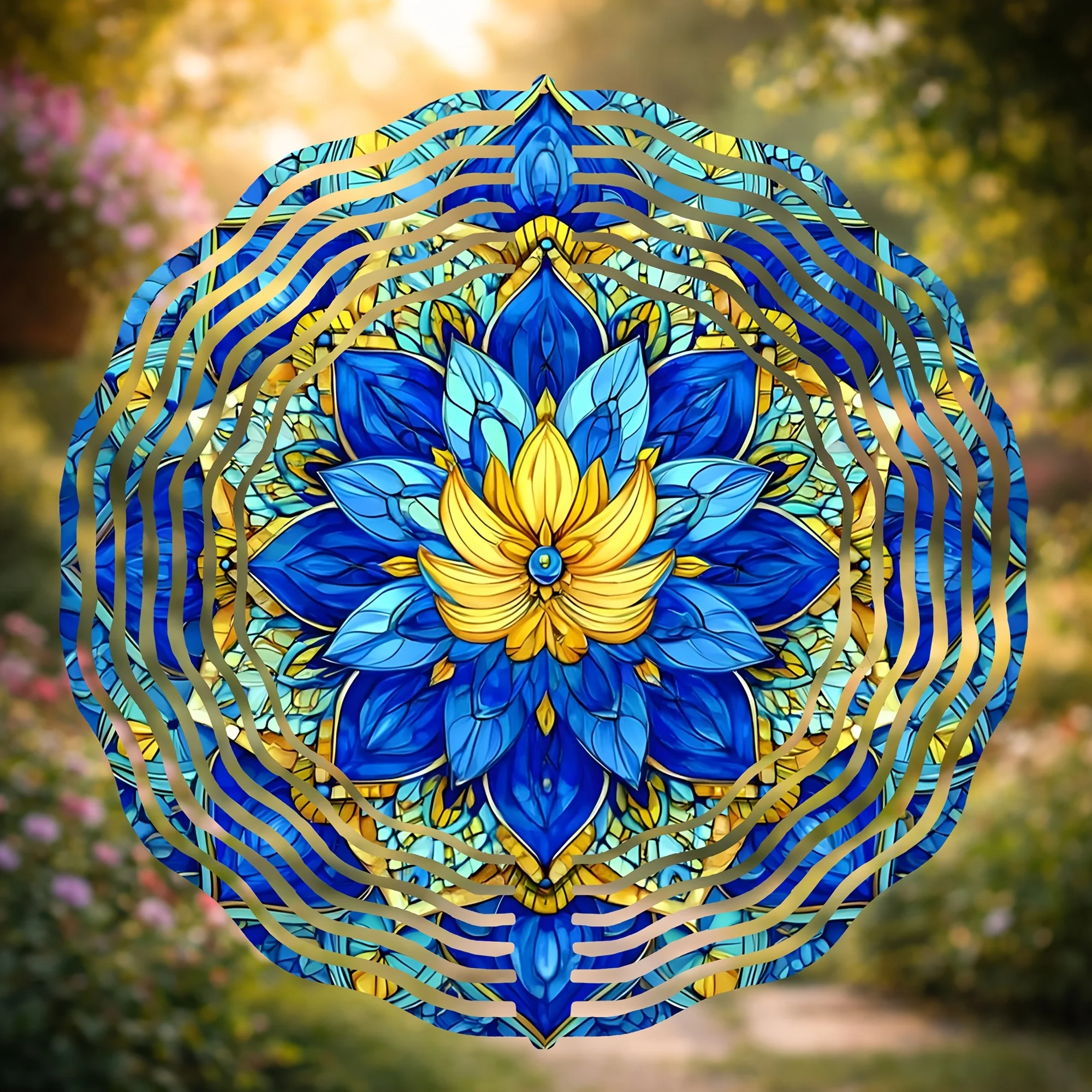 Bohemian-style Blue and Yellow Mandala Wind Chime, Featuring a Symmetrical Floral Design. Suitable for Home Decor, Gardens