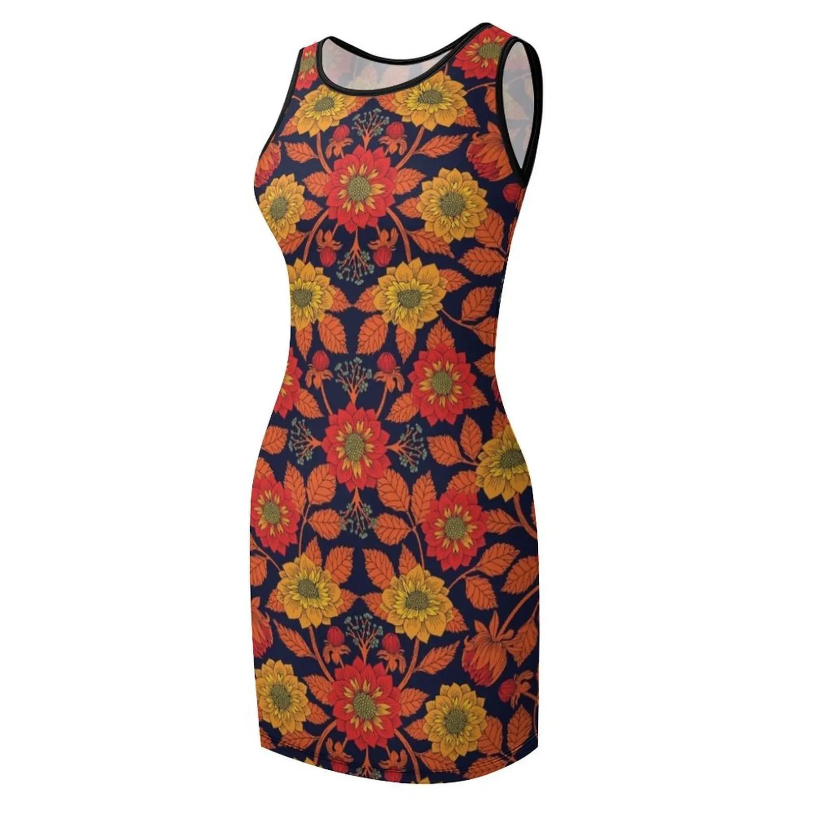 Vibrante amarelo, vermelho, laranja, azul e marinho padrão floral sem mangas vestidos de verão para vestido de baile feminino elegante luxo