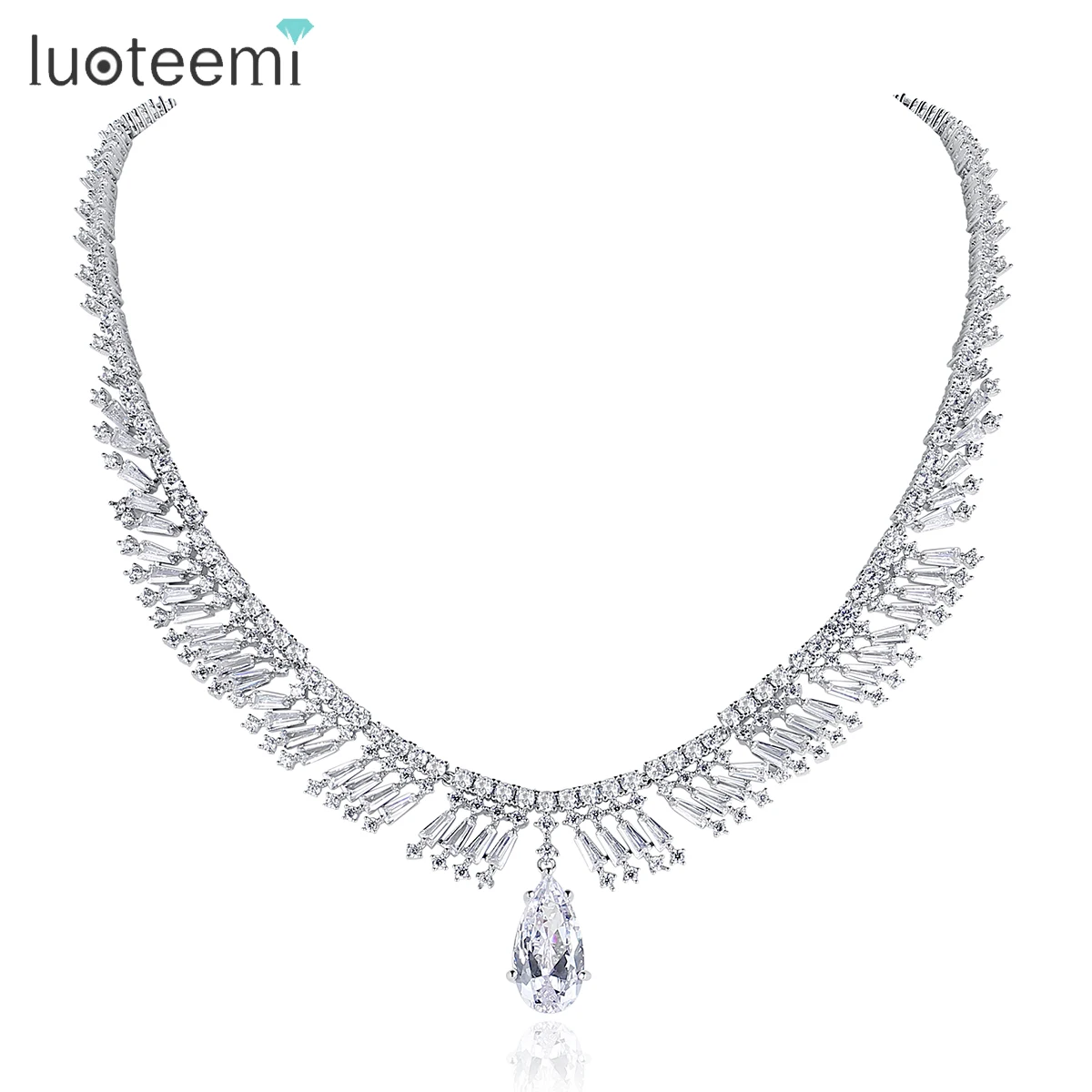 

LUOTEEMI Gorgeous Cubic Zirconia Necklaces Waterdrop Dangle Pendant Tassel Decoration Luxury Women Wedding Temperament Accessory