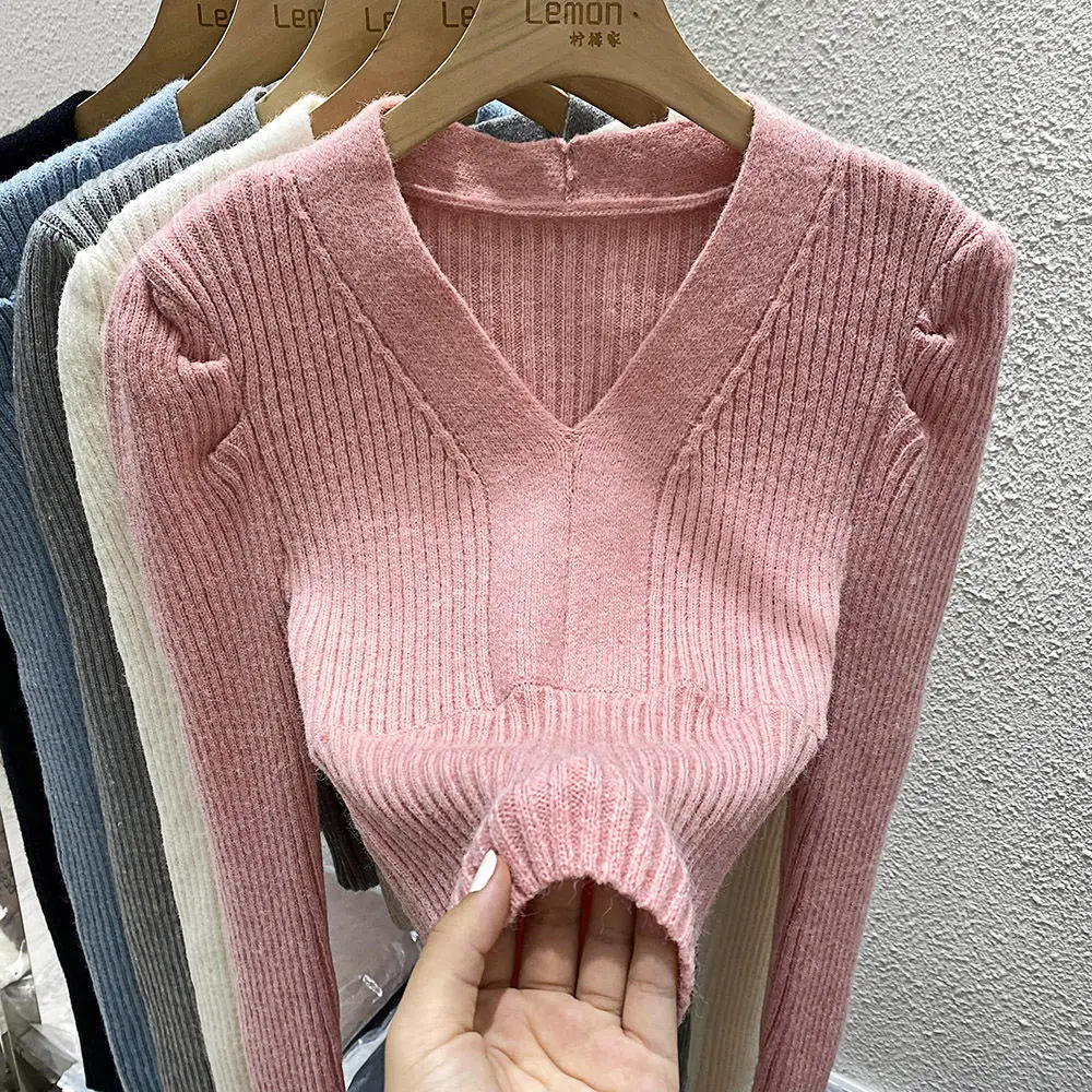 Sweater Women Korean Style V-neck Knitwear Spring New Arrival Skinny Pullovers Aesthetic Fashion All-match Daily Warm Jumpers