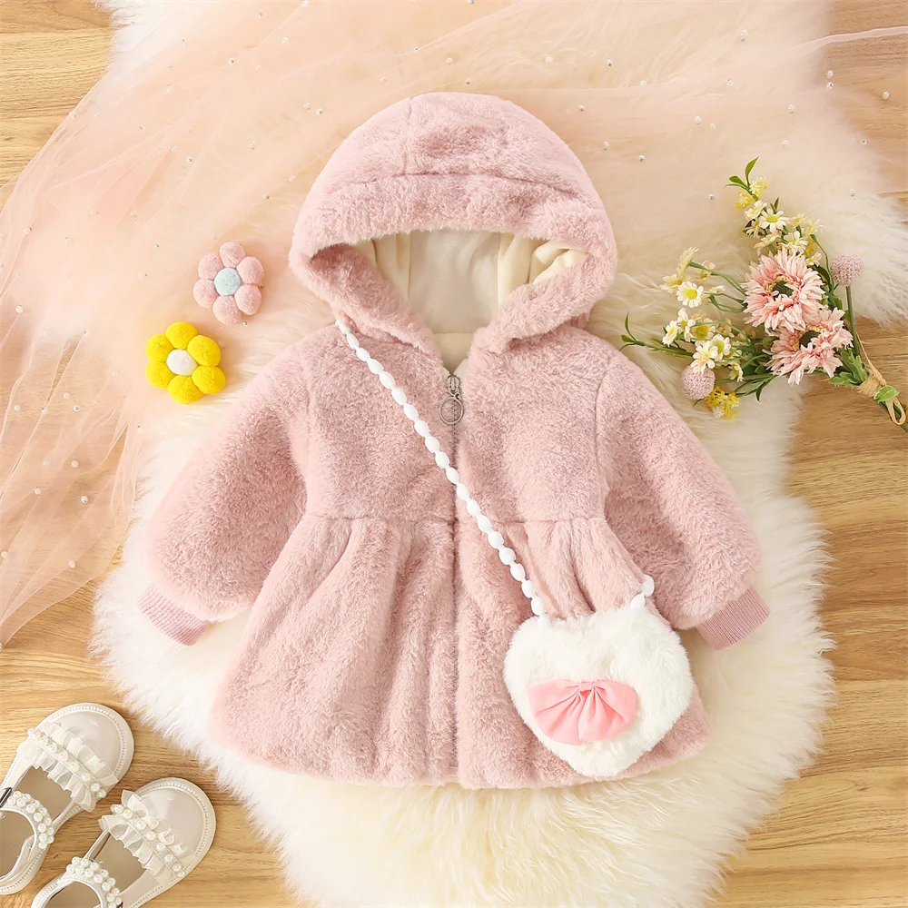 Autumn Winter 2/Piece Girls\' Outerwear Bag Baby Girl Solid Color Cute Casual Hooded Fur Coat+Love Bag