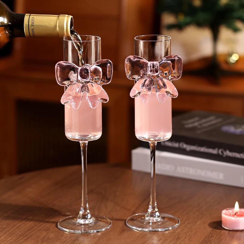

2 pieces Elegant Clear Pink Bow Champagne Glass 3 D Bow Ultra Thin Goblet 160 ML Drinking Glasses Party Supplies