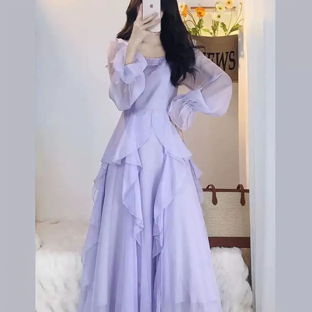 الفرنسية الهروب الأميرة نمط التدرج الأرجواني فستان طويل أنيق فراشة الجنية ألف خط تنورة البوليستر النسيج الصيف الربيع #3