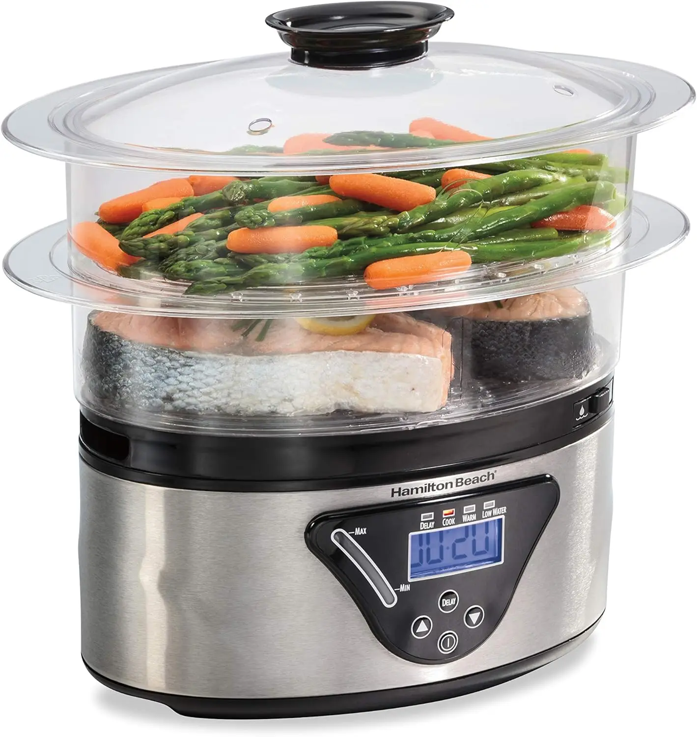 

Digital Electric Food Steamer & Rice Cooker, 5.5 Qt, Stackable Two-Tier, for Vegetables and Seafood, Black Stainless Steel