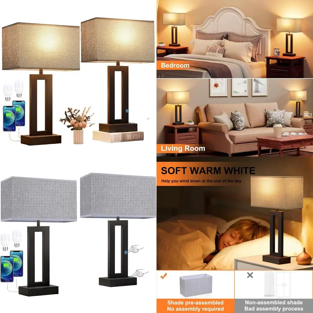 

2-Pack Modern Grey Bedside Lamps with Touch Control and USB Ports, 3-Way Dimmable for Bedrooms, Living Rooms, and Guest Rooms