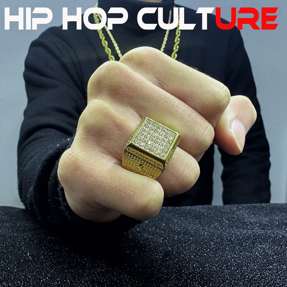 Men's trendy hip-hop ring, luxurious 18K gold plating, diamond inlay, street gang, nightclub, rap, fashionable decoration