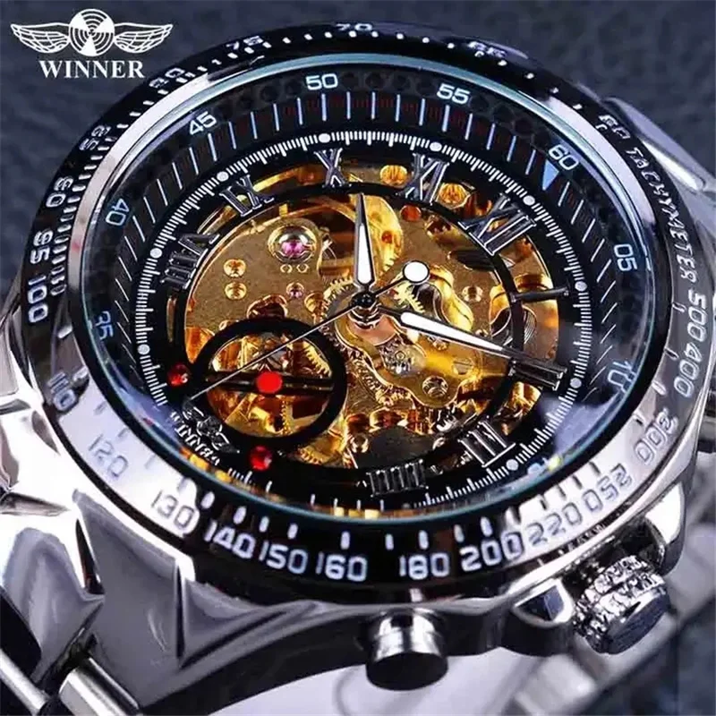 

Winner 432A Мужские спортивные серебряные гоночные часы reloj automático de hombre Мужские подарочные часы Автоматические механические часы со скелетом reloj hombre