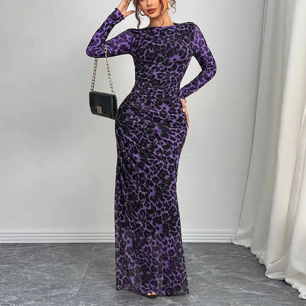 Long Sleeve Leopard Print Dress Bodycon Fit Elegant with Mid Waist Long Skirt Refined Commuter Daily Slim Fit Dresses for Women