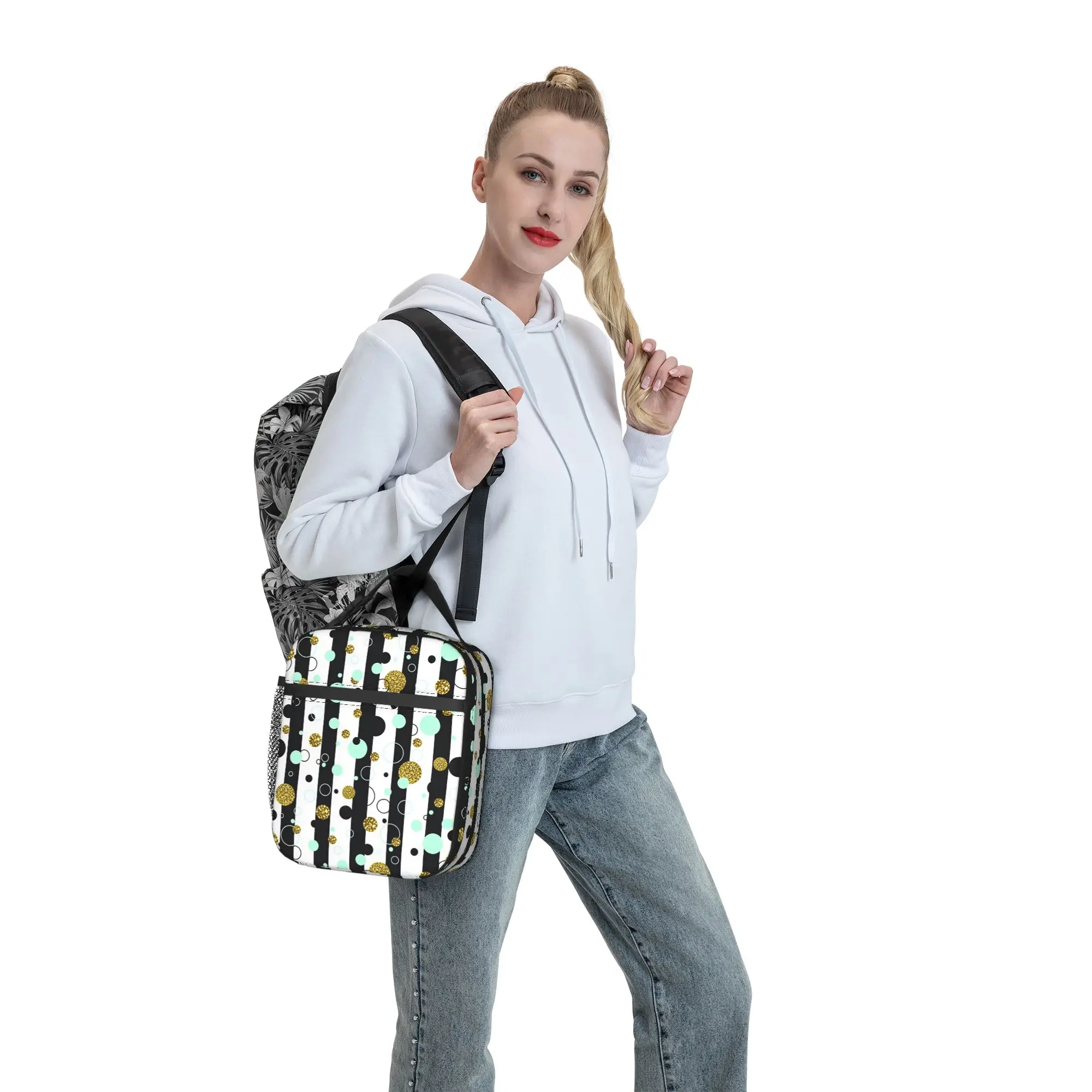 Lunch Bag Glitter Bubble Vertical Stripe Outdoor Picnic Lunch Box For Child  Fashion Portable Graphic Thermal Lunch Bags