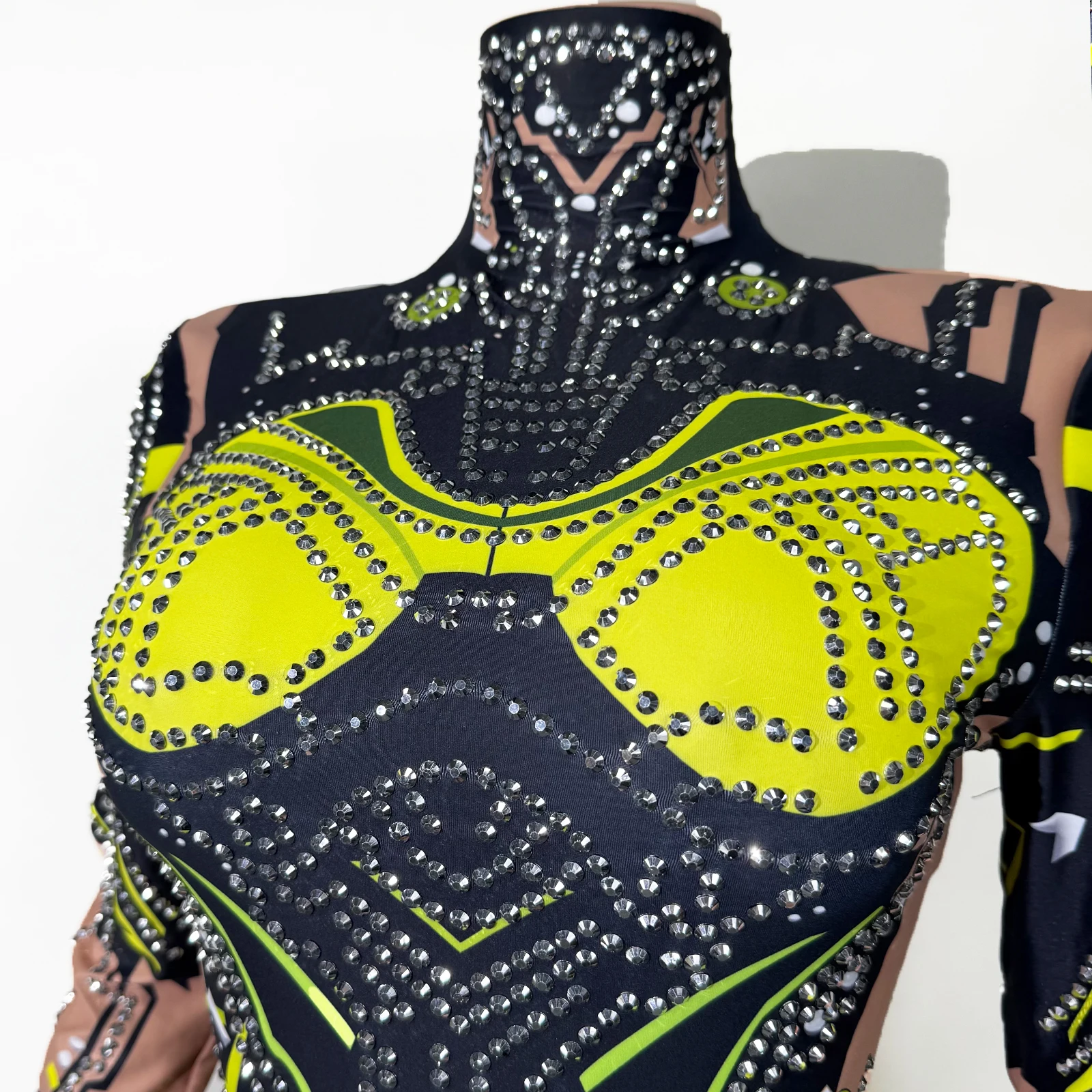 패션 라인스톤 글리터 프린트 바디수트 여성 폴댄스 팀 레오타드 긴팔 섹시 파티 나이트클럽 드랙퀸 의상